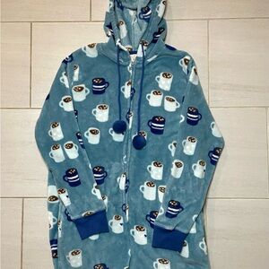 Munki Munki hot cocoa winter blue fleece hooded one piece pajama zip up large